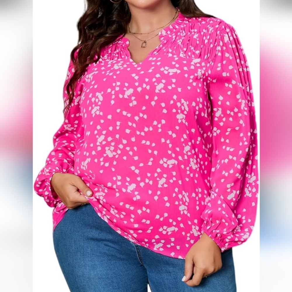 New Balloon Sleeve Blouse In Pink/ White Print Combo Size Woman's XL